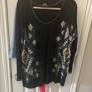 Double D Ranch Black Long Sleeve Top with Geometric Pattern